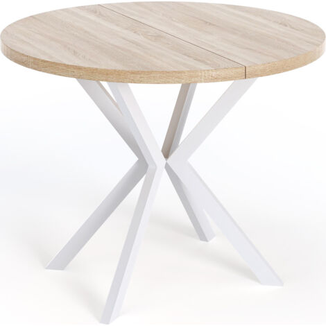 Runder Ausziehbarer Esstisch für 6-10 Personen - Loft Style Tisch mit Weiß Metallbeinen - 90 bis 120 cm - Industrieller Tisch für Wohnzimmer - Sonoma Eiche - 100 cm