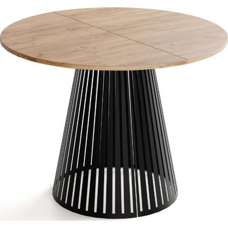 Esstisch Rund Ausziehbar mit Lamellen im Loft-Stil – 120 cm – Industrieller Tisch mit Schwarzen Metallbeinen, Platzsparend für Wohnzimmer Esszimmer – Braun