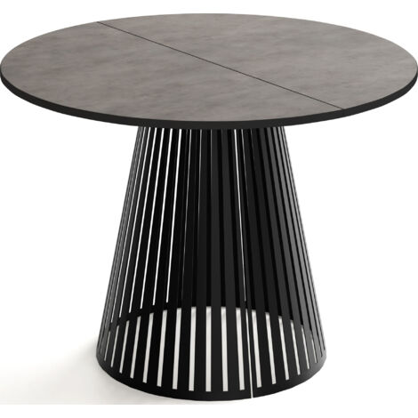 Esstisch Rund Ausziehbar mit Lamellen im Loft-Stil – 100 cm – Industrieller Tisch mit Schwarzen Metallbeinen, Platzsparend für Esszimmer – Beton-Optik Dunkelgrau