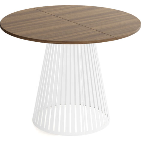 Esstisch Rund Ausziehbar mit Lamellen im Loft-Stil – 100 cm – Industrieller Tisch mit Weißen Metallbeinen, Platzsparend für Wohnzimmer – Walnuss Braun