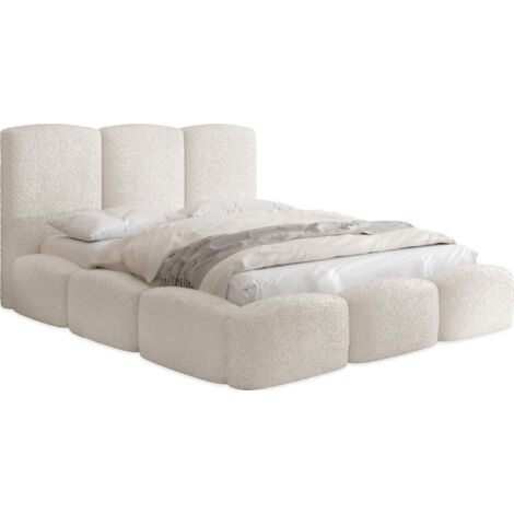 Polsterbett 140x200 mit Bettkasten und Lattenrost – Beige Bett mit hohem Kopfteil, Boucle oder Samt Stoff - Modernes Doppelbett mit Stauraum – Bettgestell, ohne Matratze – Harmony - Creme (1/5)