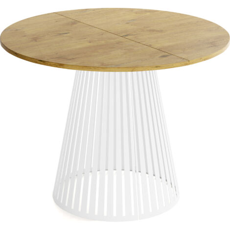 Esstisch Rund Ausziehbar mit Lamellen im Loft-Stil – 120 cm – Industrieller Tisch mit Weißen Metallbeinen, Platzsparend für Wohnzimmer Esszimmer – Braun