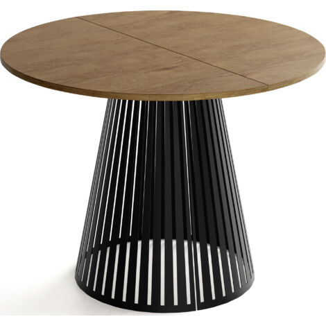 Esstisch Rund Ausziehbar mit Lamellen im Loft-Stil – 120 cm – Industrieller Tisch mit Schwarzen Metallbeinen, Platzsparend für Wohnzimmer Esszimmer – Braun