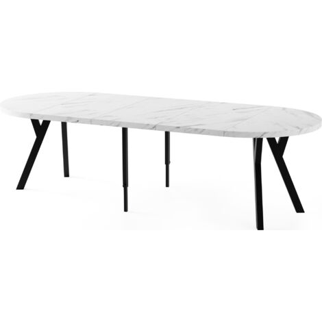 Esstisch Rund Groß XXL Ausziehbar im Loft-Stil – 100 bis 250 cm – Extra Lang Ausziehtisch mit Schwarzen Holzbeinen, Tisch für 5-14 Personen – Marmor Weiß
