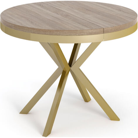 Runder Ausziehbarer Esstisch - Loft Style Tisch mit Goldenen Metallbeinen - 100 bis 180 cm - Industrieller Tisch für Wohnzimmer - Kompakt - 120 cm - Sonoma Eiche (1/5)