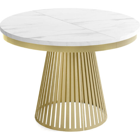 Esstisch Rund Ausziehbar mit Lamellen im Loft-Stil – 120 cm – Industrieller Tisch mit Metallbeinen in Gold, Platzsparend für Wohnzimmer Esszimmer – Marmor Weiß (1/5)