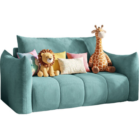 Schlafsofa 2-Sitzer mit Bettkasten – Ausziehbar Jugendsofa mit Schlaffunktion, Liegefläche 120 x 150 cm – für Jugendzimmer, Kinderzimmer und kleine Räume – Blau Cordstoff