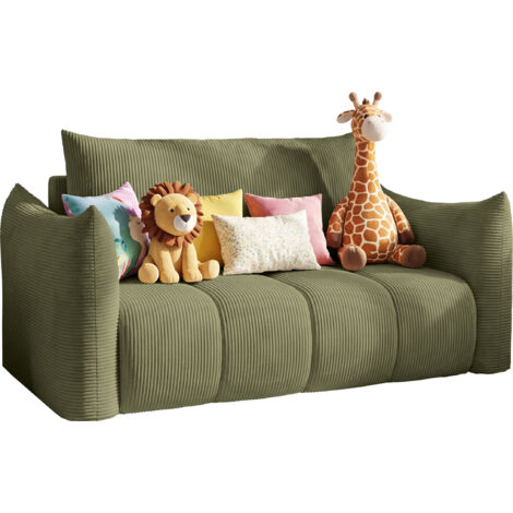 Schlafsofa 2-Sitzer mit Bettkasten – Ausziehbar Jugendsofa mit Schlaffunktion, Liegefläche 120 x 150 cm – für Jugendzimmer, Kinderzimmer und kleine Räume – Hellgrün Cordstoff