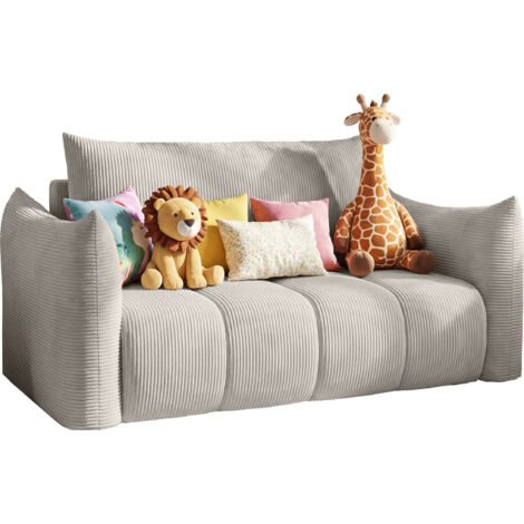 Schlafsofa 2-Sitzer mit Bettkasten – Ausziehbar Jugendsofa mit Schlaffunktion, Liegefläche 120 x 150 cm – für Jugendzimmer, Kinderzimmer und kleine Räume – Hellgrau Cordstoff