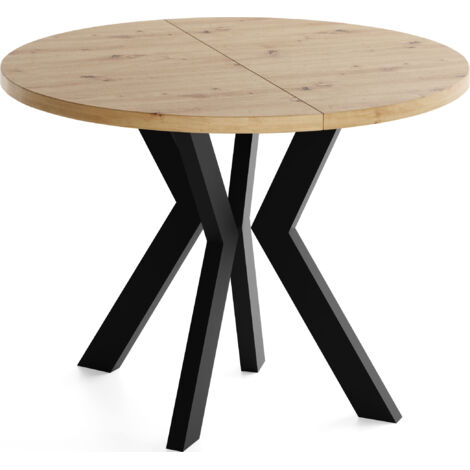 Runder Esstisch Ausziehbar 80-130 cm – Verlängerbar, für 4-6 Personen mit Schwarzen Holzbeinen – Wohnzimmertisch in Eiche Artisan Hellbraun