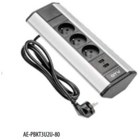Bloc prise d'angle 3 prises + 2 USB câble 1.5M 16A.230V 2P+T argent (1/2)