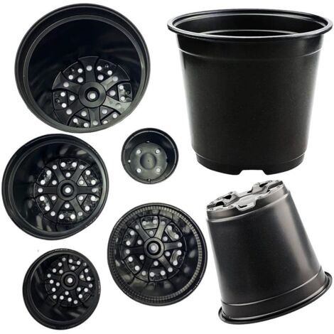 200 x 1L Black Round Plastic Flower Plant Pots With Drainage Holes & Strong Reinforced Rims