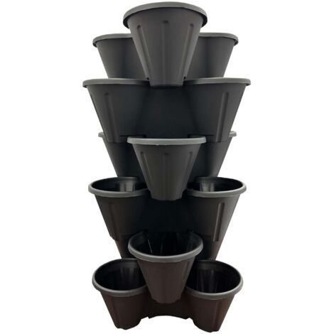6 x Black Strawberry Tri-Pot Stacking Planters For Flowers & Plants