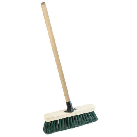 1 x Green 12" Strong PVC Bristle Broom With Wooden Handle Ideal For Driveways, Warehouses & Garages