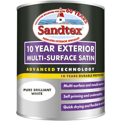 Sandtex 10 Year Exterior Multi Surface Satin - Brilliant White - 750ml