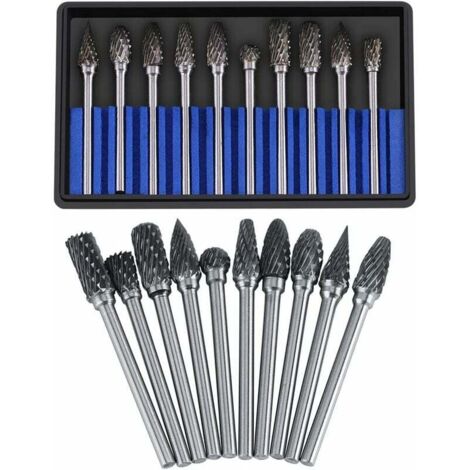 Sollbry Hartmetall-Frässtift-Set, Wolframstahl-Rotationsfeilen, Schneidkopf-Durchmesser 10 Stück für 3-mm-Schaft, 6-mm-Schaft-Bohrer, Metallschnitzen, Schneiden, Polieren, Gravieren, Bohren (Doppelsch (1/5)