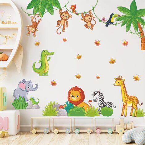 Sollbry Wandaufkleber, Dschungeltiere, Affe, Giraffe, Elefant, Löwe, Zebra, Wandaufkleber, abziehen und aufkleben, DIY-Vinyl-Wandkunst für Kinder, Kinderzimmer, Wohnzimmer, Spielzimmer (1/5)