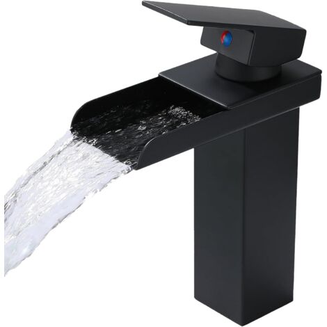 Sollbry Mattschwarzer Badezimmer-Wasserhahn, 1-Loch-Wasserfall-Badezimmerarmaturen, Einhebel-Waschtischarmatur für Badezimmer-Waschtischarmatur (kurz, schwarz) (1/4)