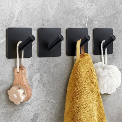 Sollbry Schwerer Klebehaken, 4er-Pack Badetuchhaken, selbstklebender Wandhaken für Badezimmer/Mantel/Bademantel/Küche, nicht perforierter selbstklebender Haken, mattschwarzer Edelstahl (1/5)