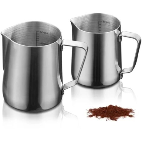 Sollbry Milchkännchen aus Edelstahl, 2 Stück, Freihand-Milchkännchen aus Edelstahl für Kaffee, Edelstahl, 350 ml, 600 ml, Krug mit 2 Messmarkierungen und Latte-Art-Stift für die Zubereitung von Cappuc (1/5)