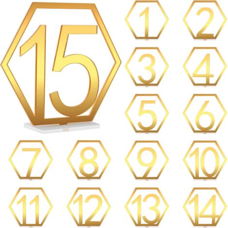 Sollbry Goldfarbene Acrylschilder, 15 Stück, Hochzeits-Tischnummern mit Ständer, Nr. 1–15, Acryl-Tischkarten, Acryl-Tischschilder, für Hochzeit, Abendessen (1/5)