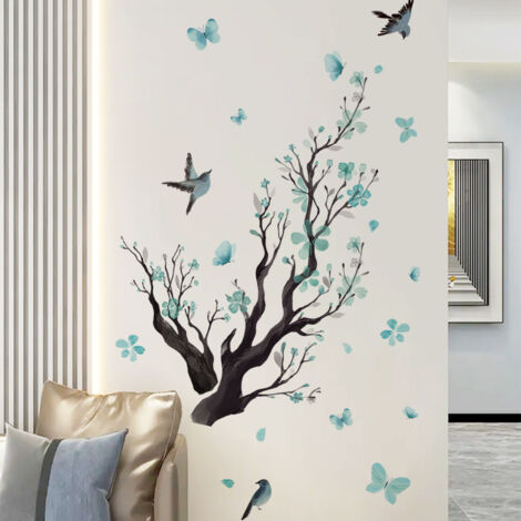 Sollbry Wandaufkleber, Blumenzweig, Wandaufkleber, blaue Blumen, Baum, Vögel, Wanddekoration, Kinderzimmer, Wohnzimmer