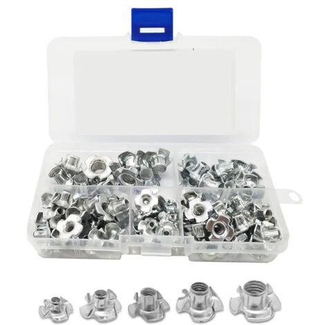 Sollbry 4-Zinken-T-Mutter, 4-Zinken-T-Muttern, Zinkenmutter, Vierzinken-T-Muttern, T-Muttern-Einsätze, 4-Zinken-T-Mutter, T-Muttern-Set mit Gewinde, für die Holzbearbeitung, M3/M4/M5/M6/M8, 90 Stück (1/5)
