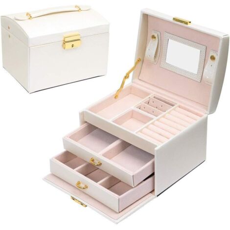 Sollbry Schmuckschatulle, Make-up-Uhr, Schmuckschatulle, Schmuck- und Kosmetikkoffer, Samtfutter, Präsentations-Aufbewahrungskoffer mit Schloss und Schlüssel, gute Geschenkidee (weiß) (1/5)