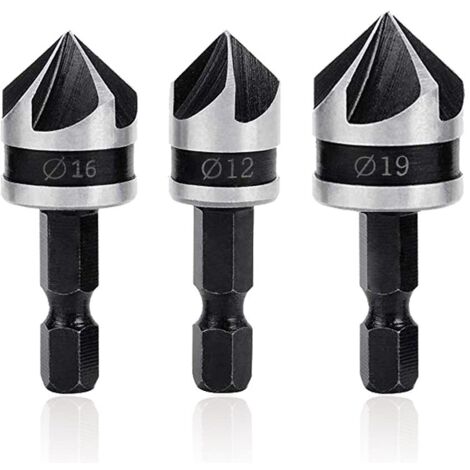 Sollbry Stück 90-Grad-Fasenschneider, 5 Nuten, Senker, Senker, Senker, Bohrer, 1/4 Zoll, Stahl, Sechskantschaft, 12 mm/16 mm/19 mm, Fasenschneider, Werkzeug, Senker für Holz, PVC (1/5)