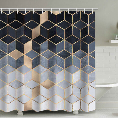 Sollbry Cortina de ducha con degradado azul, moderna cortina de ducha geométrica con líneas cúbicas doradas para baño.
