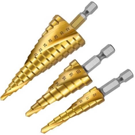 Sollbry Brocas escalonadas con ranuras en espiral (3 unidades), 4-12/20/32 mm, HSS, con revestimiento de titanio, de acero de alta velocidad para taladrar acero, latón y madera. (1/4)