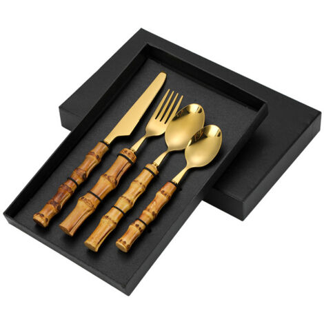 Sollbry Juego de utensilios de cocina occidentales de acero inoxidable, cuchillo, tenedor y cuchara para carne (juego de 4 piezas) (mango de acero inoxidable/bambú, color dorado) (1/4)