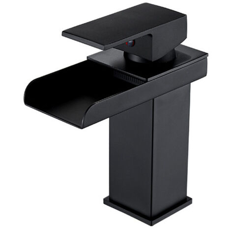 Sollbry Grifo de baño moderno de latón negro, mezclador de lavabo en cascada, grifo de lavabo con caño de 200 mm de altura, agua fría y caliente disponible. (1/5)