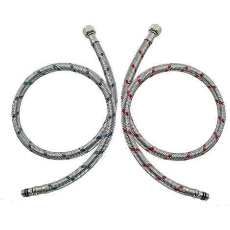 Sollbry Conector de manguera de grifo G3/8 x M10 de 60 cm, 2 unidades, acero inoxidable, flexible, para rociador de fregadero de cocina (rojo y azul) (1/5)