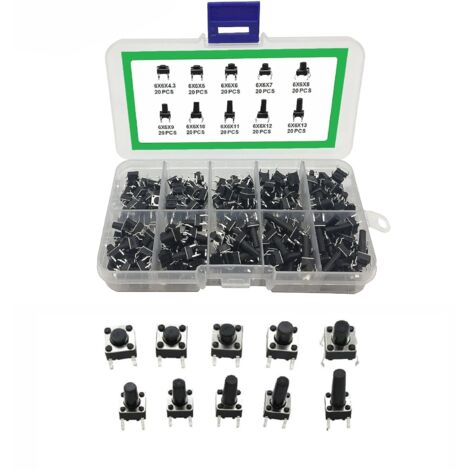 Sollbry Kit surtido de interruptores táctiles, interruptores momentáneos de 4 pines, microinterruptores momentáneos para placa PCB, paquete de 200 (1/5)