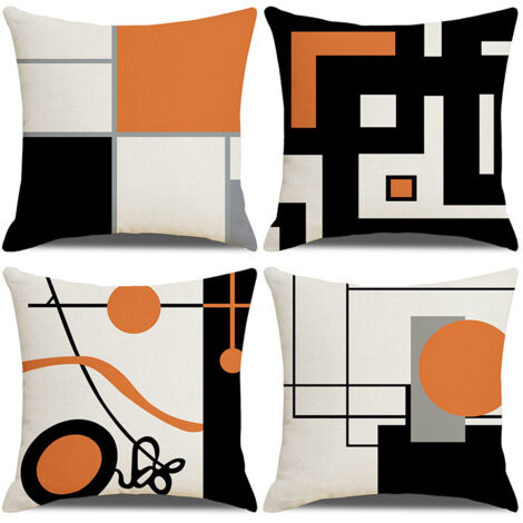 Sollbry Juego de 4 fundas de cojín decorativas geométricas negras y naranjas de 45 x 45 cm, diseño geométrico moderno con rayas grises, negras y rojas, decoración irregular con cremallera oculta para 