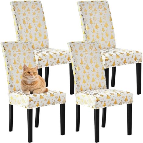 Sollbry Funda elástica para silla de comedor navideña con diseño de árbol de Navidad dorado, universal, lavable, para decoración navideña (juego de 4, 2 blancas) (1/5)