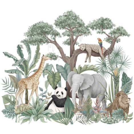 Sollbry Pegatinas de pared de animales de la selva, elefante, jirafa, panda, leopardo, plantas verdes, animales, papel tapiz para niños, arte de zoológico extraíble DIY para la habitación del bebé, sa
