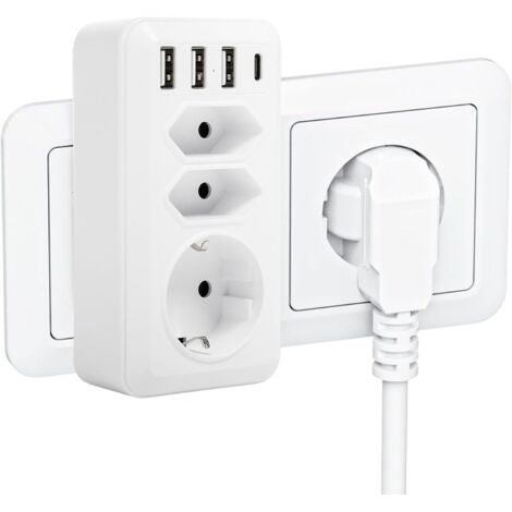 Sollbry Adaptador de regleta de enchufes, 7 en 1, con 3 tomas de corriente, enchufe europeo de 4000 W (16 A), 3 puertos USB y 1 interfaz tipo C (5 V, 3 A), regleta de enchufes USB. (1/5)
