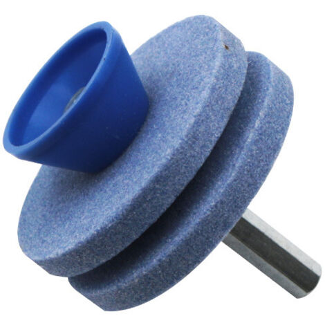 Sollbry Afilador de cuchillas para cortacésped, piedra de afilar de corindón de doble capa para taladro eléctrico o manual, herramientas de jardín, color azul. (1/4)