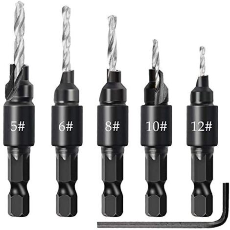 Sollbry 6 brocas de vástago hexagonal HSS, sierra de corona ajustable de 5, 6, 8, 10 y 12 1/4", herramienta para carpintería con llave hexagonal, broca para madera, plástico y metal blando. (1/3)