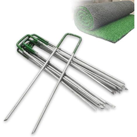 Sollbry Clavijas en U para césped de jardín, clavijas de metal galvanizado, grapas, césped artificial, medio verde