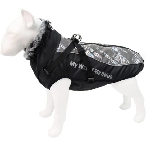 Sollbry Chaqueta de invierno reflectante, impermeable y resistente al viento para perros con arnés con cremallera y cuello de piel para senderismo y acampada, con cremallera, abrigo de forro polar par (1/4)