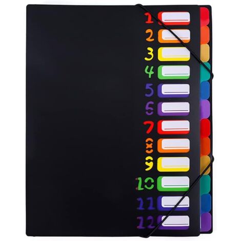Sollbry Carpeta expandible de 12.º piso, tamaño A4, forro de plástico arcoíris, carpeta colorida diseñada para el hogar, la oficina y la escuela, cubierta negra. (1/5)