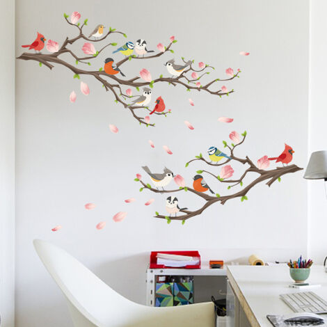 Sollbry 2 pegatinas de pared con diseño de ramas, árboles, pájaros, flores y plantas, para decoración de sala de estar, dormitorio, niños y bebés (60 x 40 cm) (1/4)