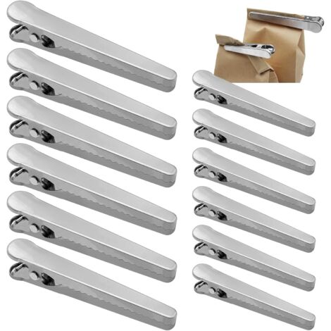 Sollbry 12 pinzas de acero inoxidable para bolsas de alimentos, 11,5 x 2 cm, reutilizables para envasar dulces y aperitivos. (1/5)