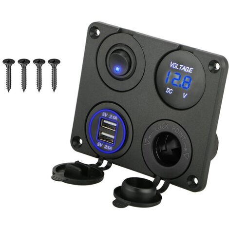 Sollbry Panel de carga 4 en 1, toma de corriente con dos puertos USB de 12 V y 4,2 A y voltímetro LED, azul (10,5 x 8,7 cm) (1/5)