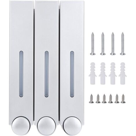 Sollbry Dispensador de jabón líquido de 420 ml x 3, dispensador de champú de tres cabezales, montaje en pared, 28 x 15,3 x 9 cm (6028 Plata, tres tazas) (1/5)