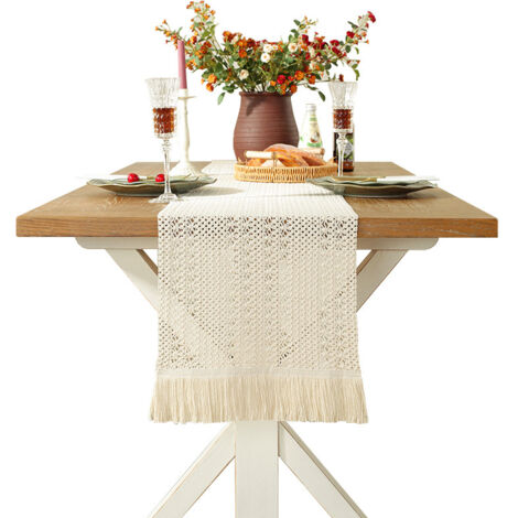 Sollbry Camino de mesa bohemio, beige, macramé, rectangular, encaje de ganchillo, malla, estilo rústico, 35 x 160 cm