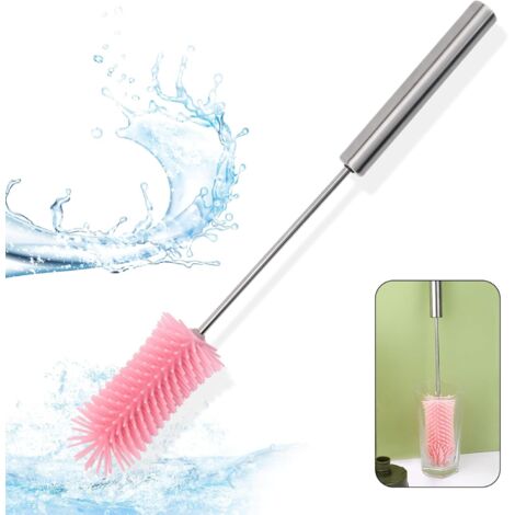 Sollbry 1 Cepillo Rosa para Botellas - Silicona - Mango Largo - Largo: 37cm - Función Giratoria para Limpieza Profunda - Botella de Agua, Vaso y Leche (1/5)